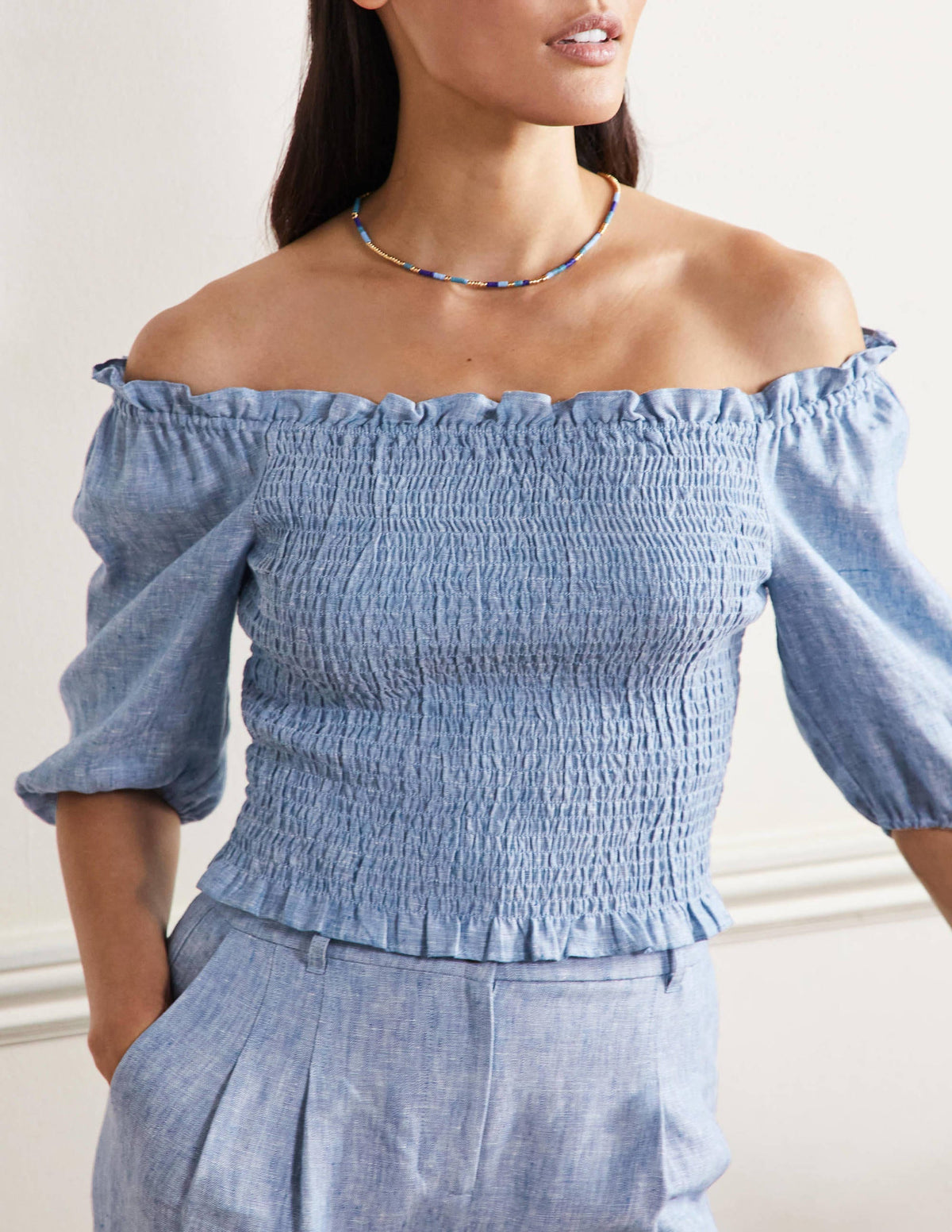 Carrie Smocked Linen Top-Chambray-5