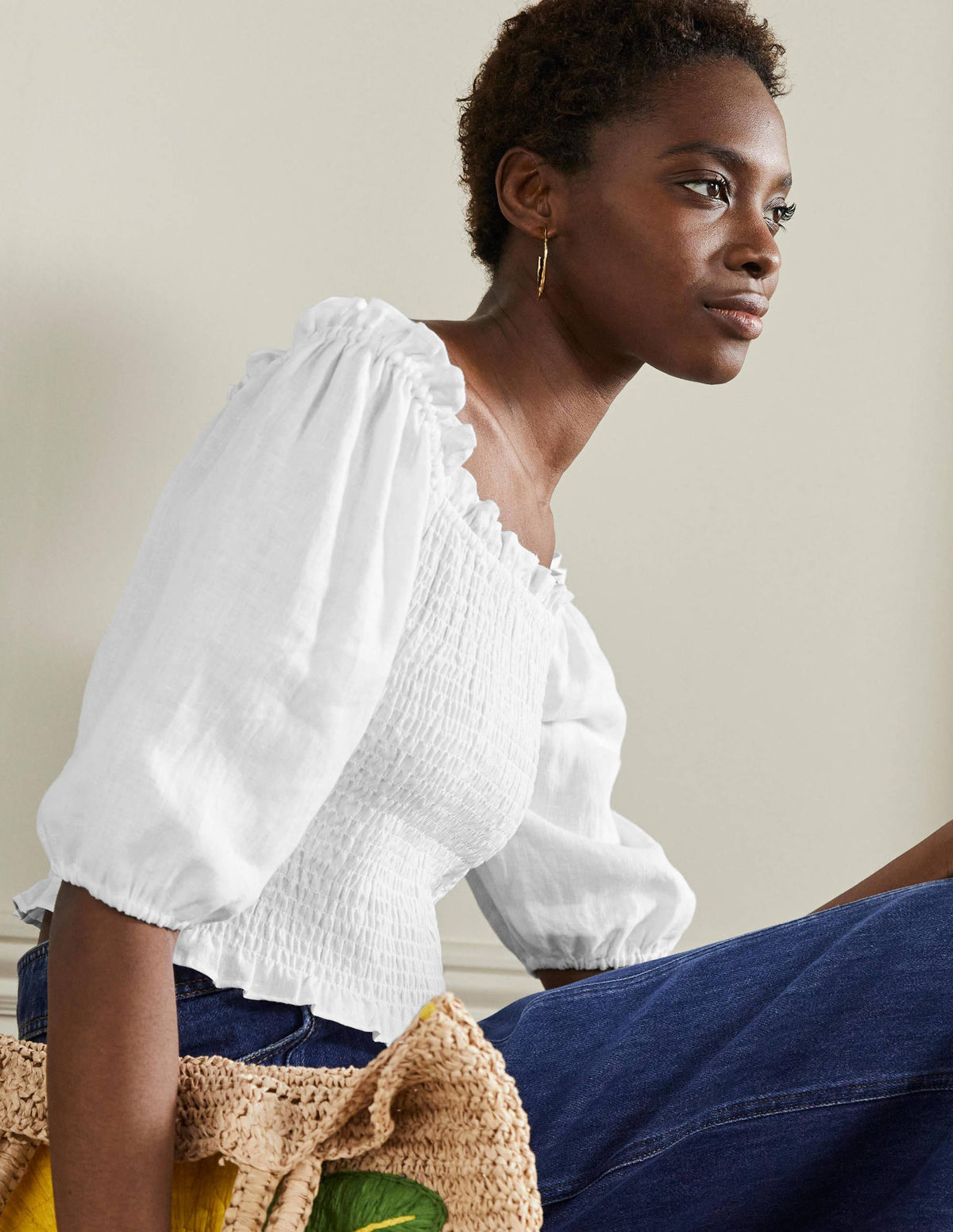 Carrie Smocked Linen Top-White - Image 4