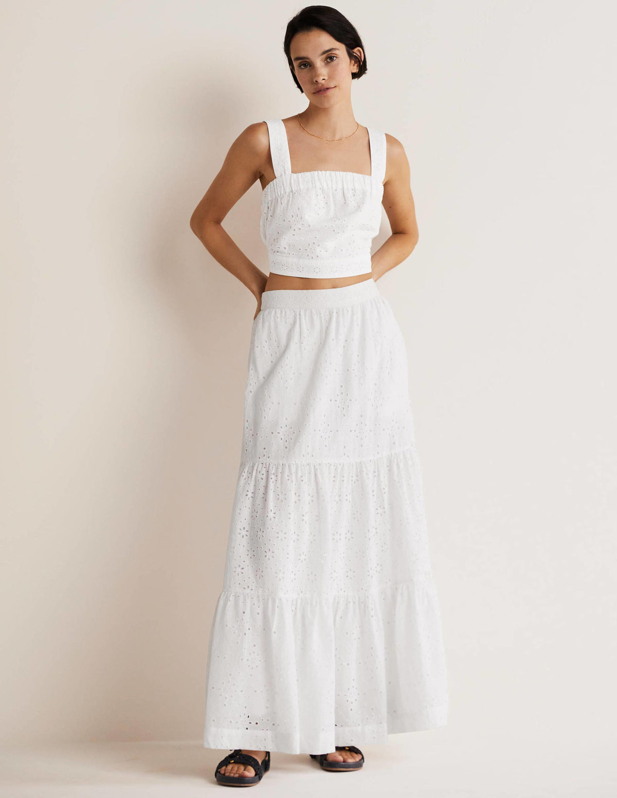Cropped Cotton Top-White, Broderie - Image 2