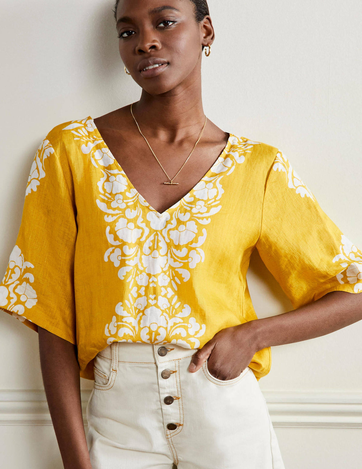 Linen Wide Sleeve Top-Butter Yellow, Passion Bloom - Image 1