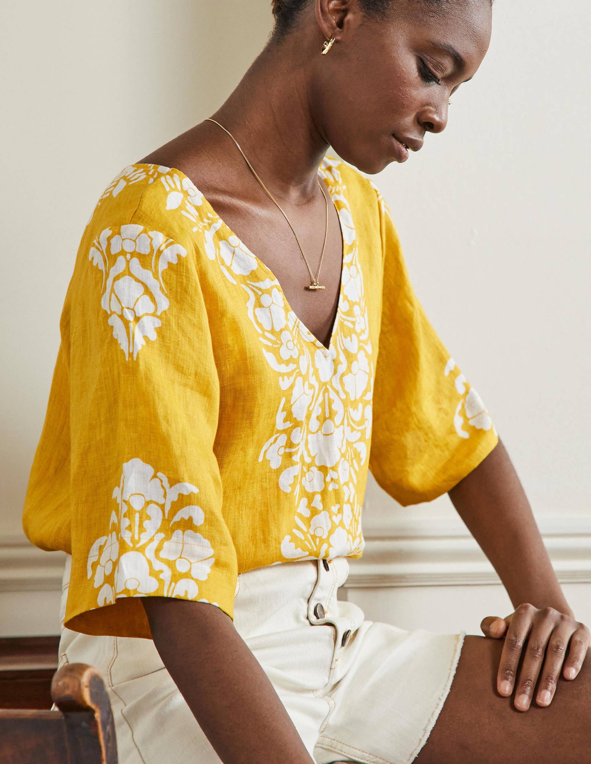 Linen Wide Sleeve Top-Butter Yellow, Passion Bloom-4