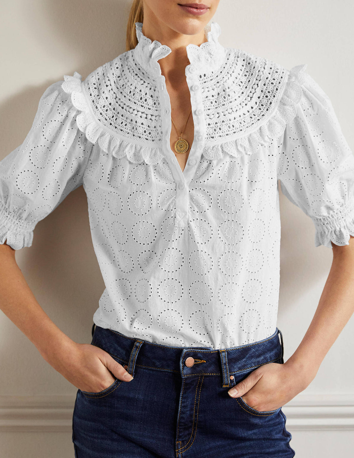 Faye Short Sleeve Broderie Top-White - Image 4
