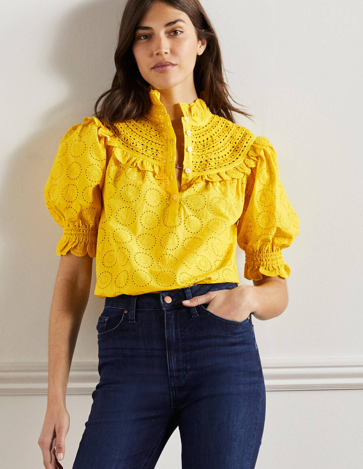 Faye Short Sleeve Broderie Top-Lemon Fizz-1