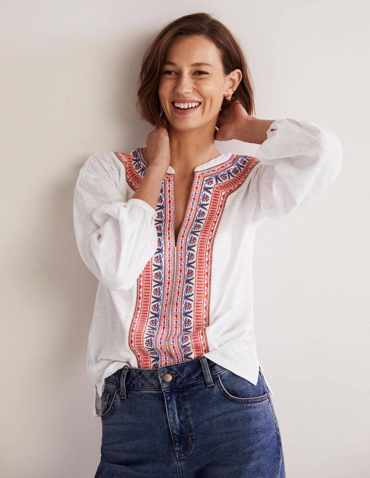 Embroidered Tie Detail Top-White, Multi Embroidery-1