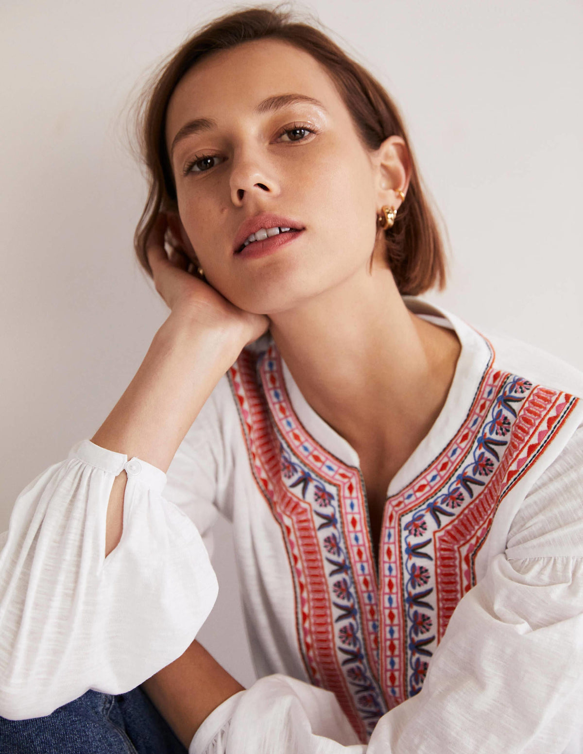 Embroidered Tie Detail Top-White, Multi Embroidery - Image 2