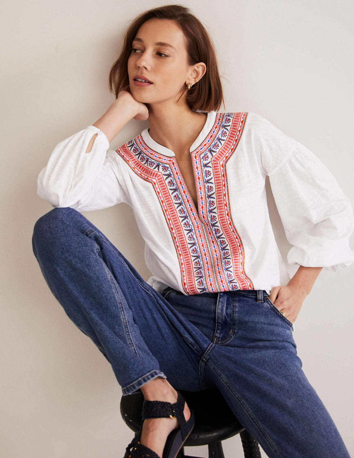 Embroidered Tie Detail Top-White, Multi Embroidery-4