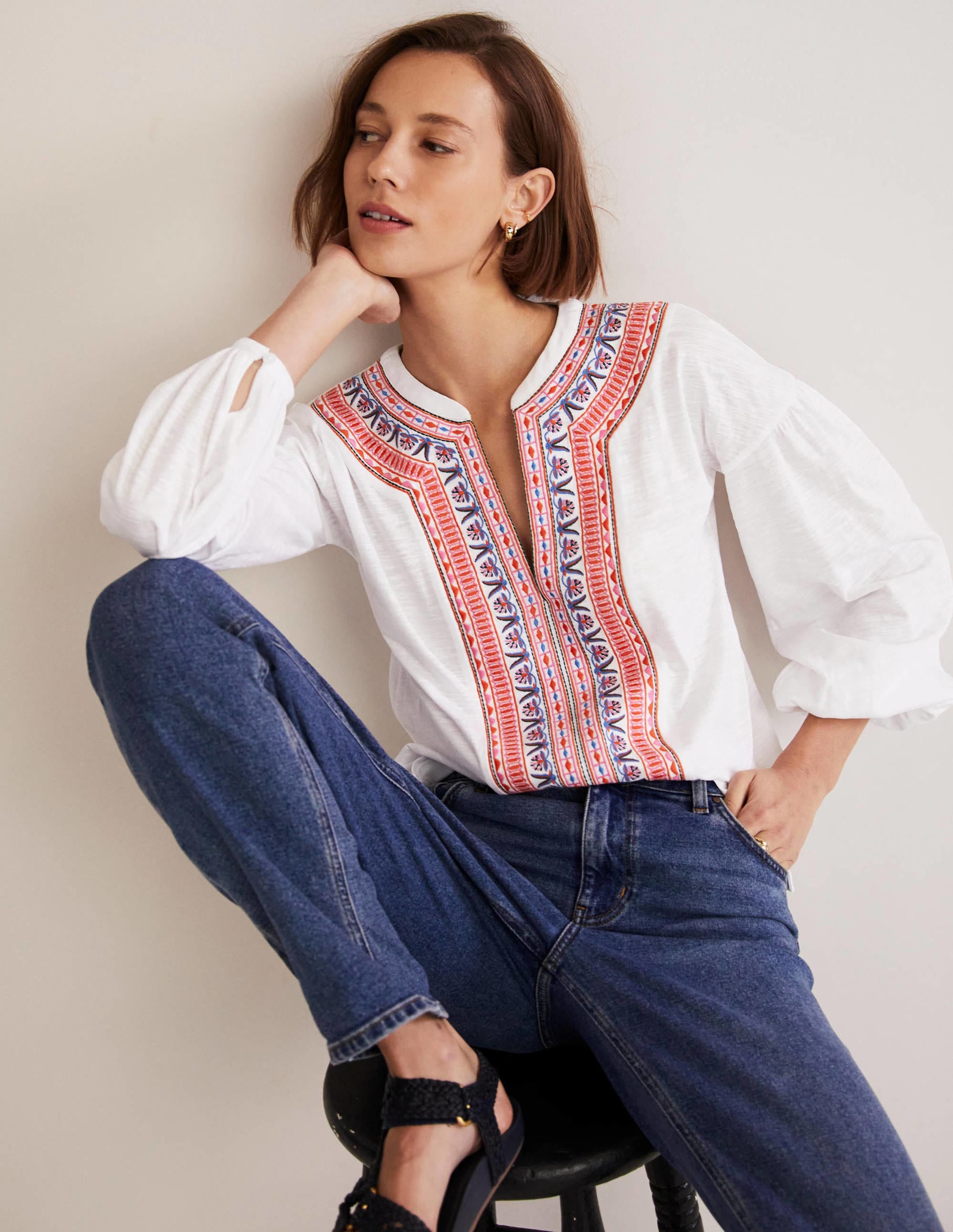 Embroidered Tie Detail Top-White, Multi Embroidery - Image 4