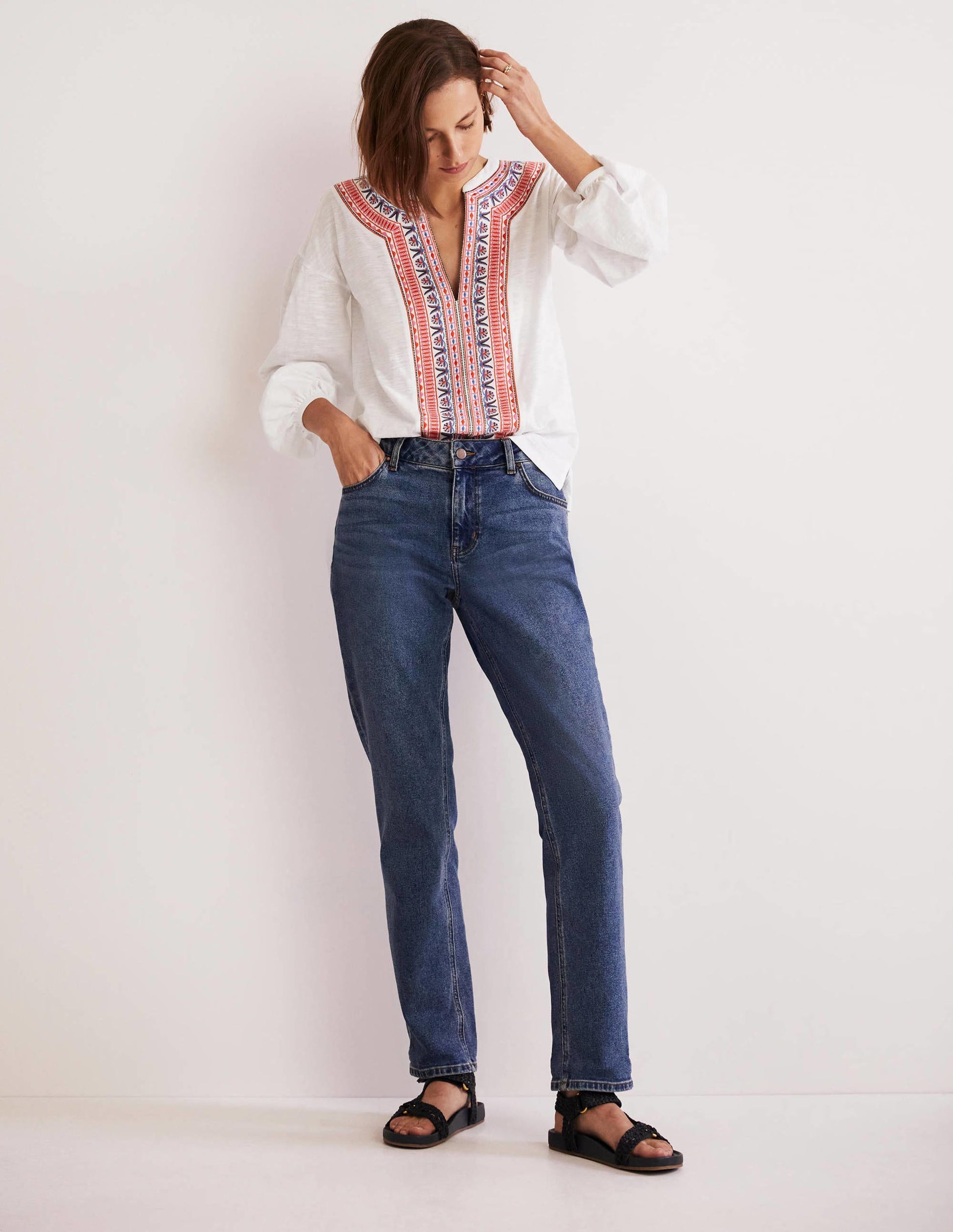 Embroidered Tie Detail Top-White, Multi Embroidery-5