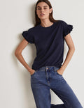Woven Frill Sleeve T-shirt-Navy