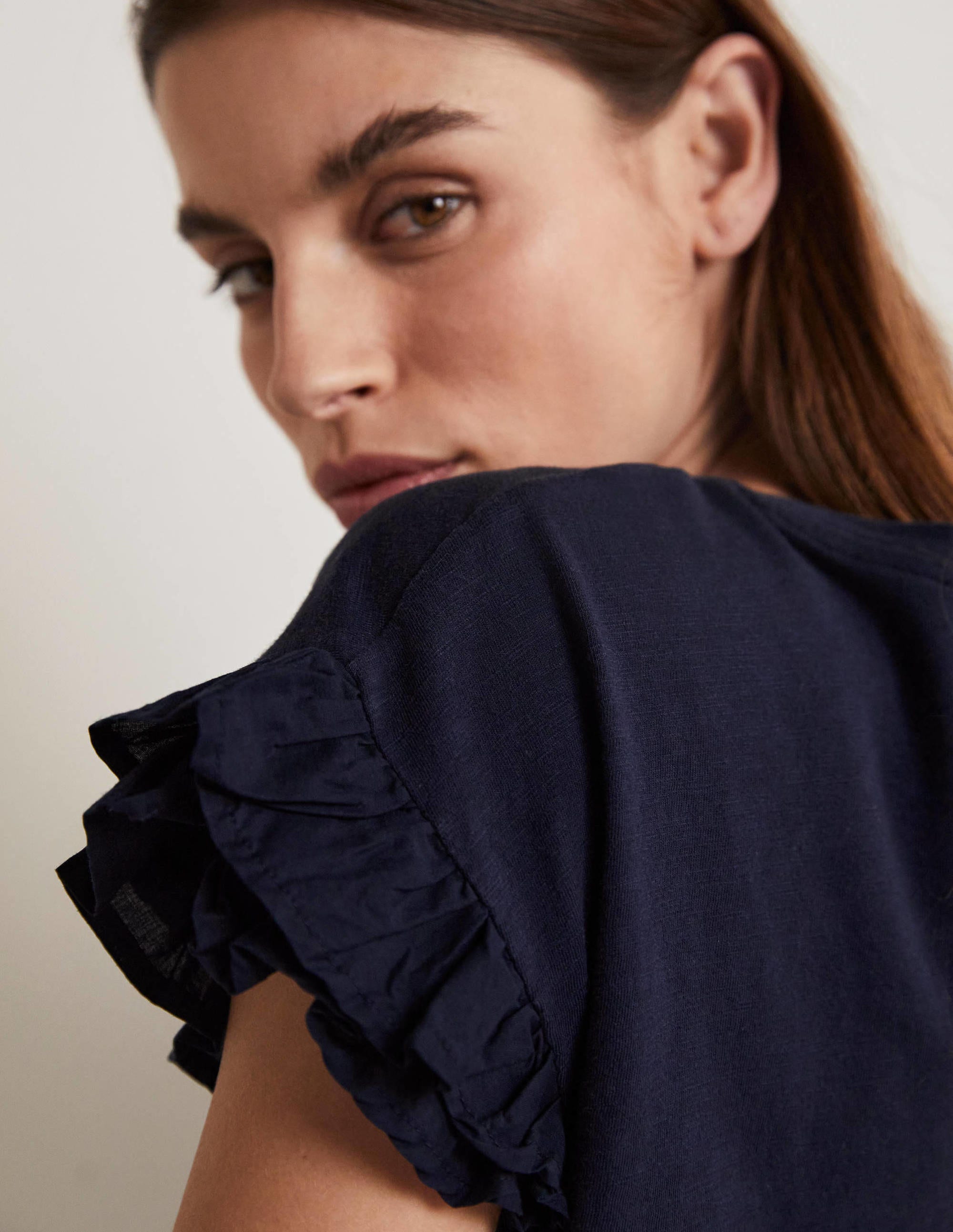 Woven Frill Sleeve T-shirt-Navy - Image 2