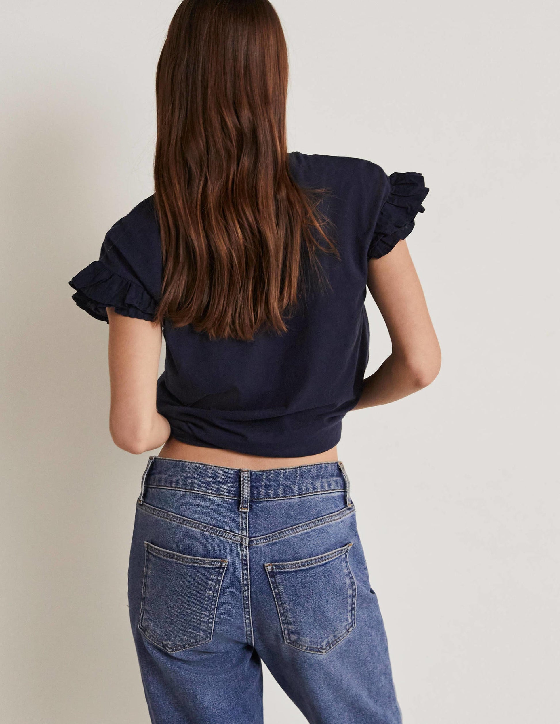 Woven Frill Sleeve T-shirt-Navy-3