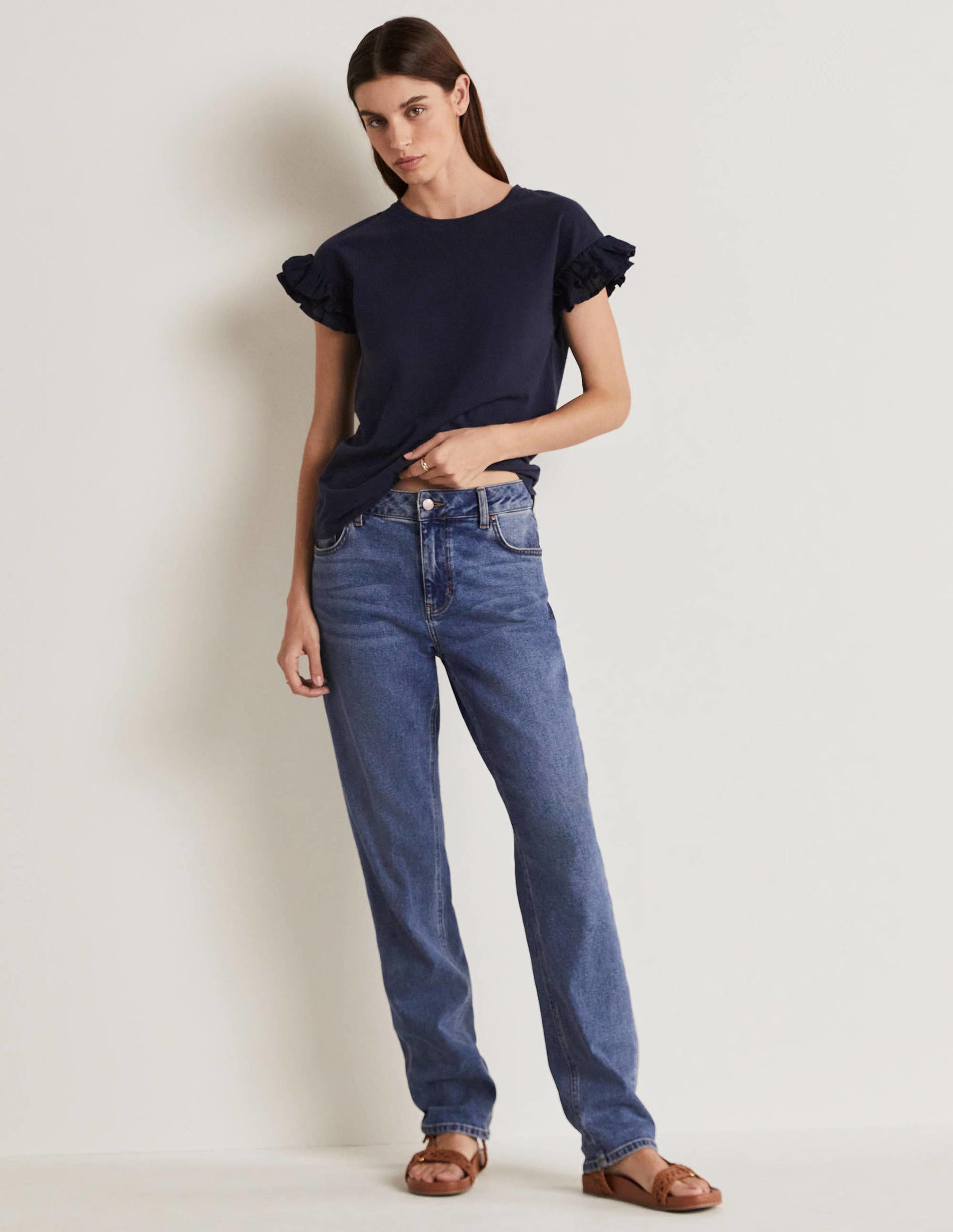 Woven Frill Sleeve T-shirt-Navy-4