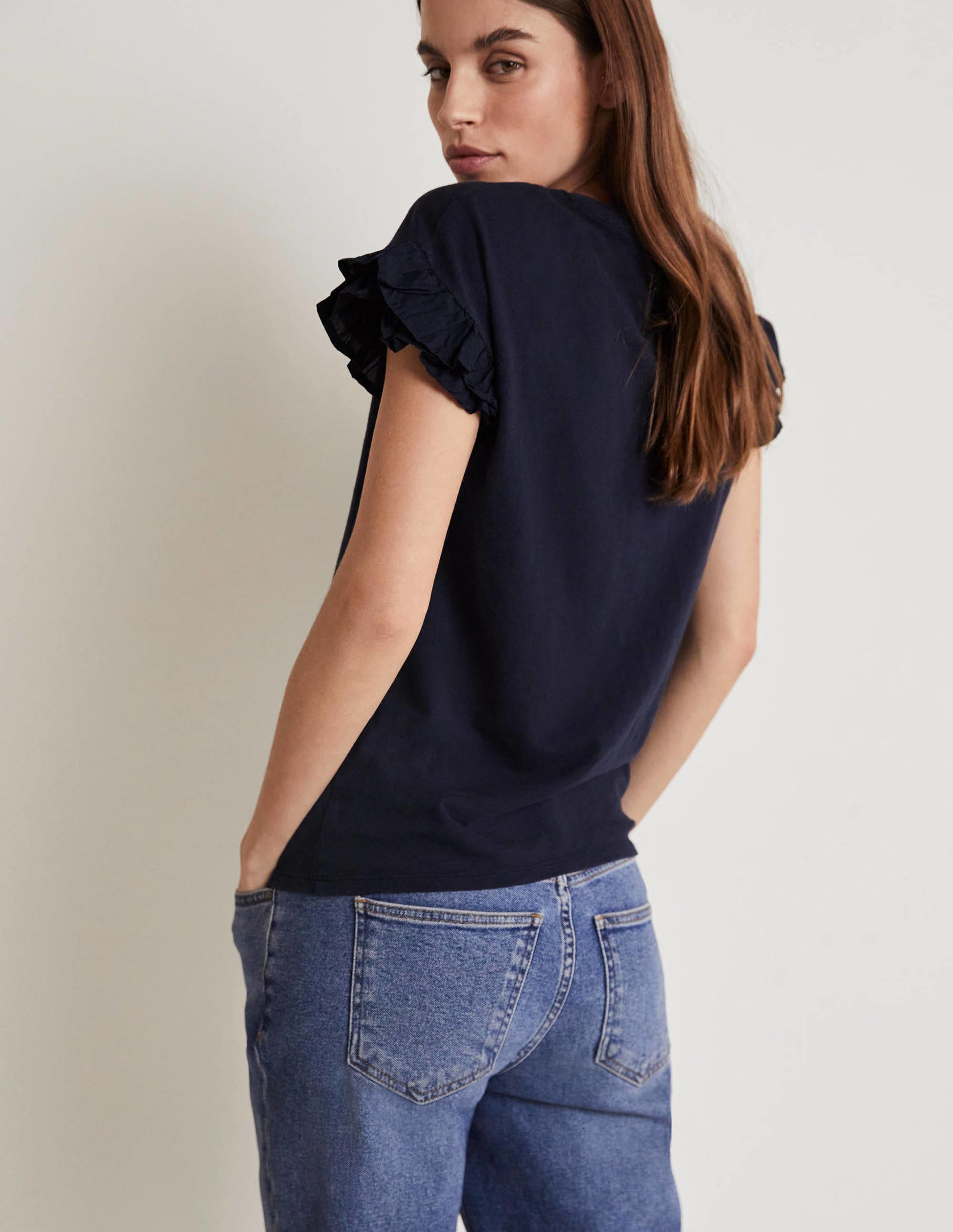 Woven Frill Sleeve T-shirt-Navy-5