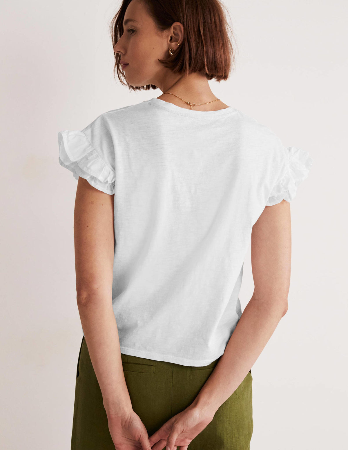 Woven Frill Sleeve T-shirt-White - Image 3