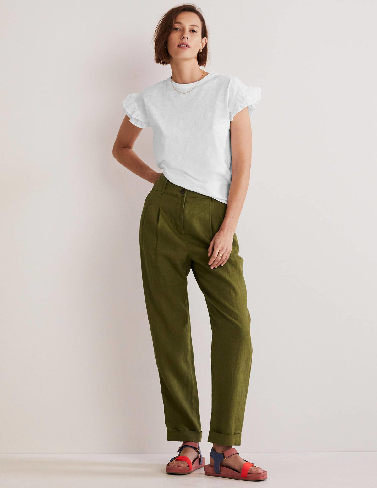 Woven Frill Sleeve T-shirt-White-4