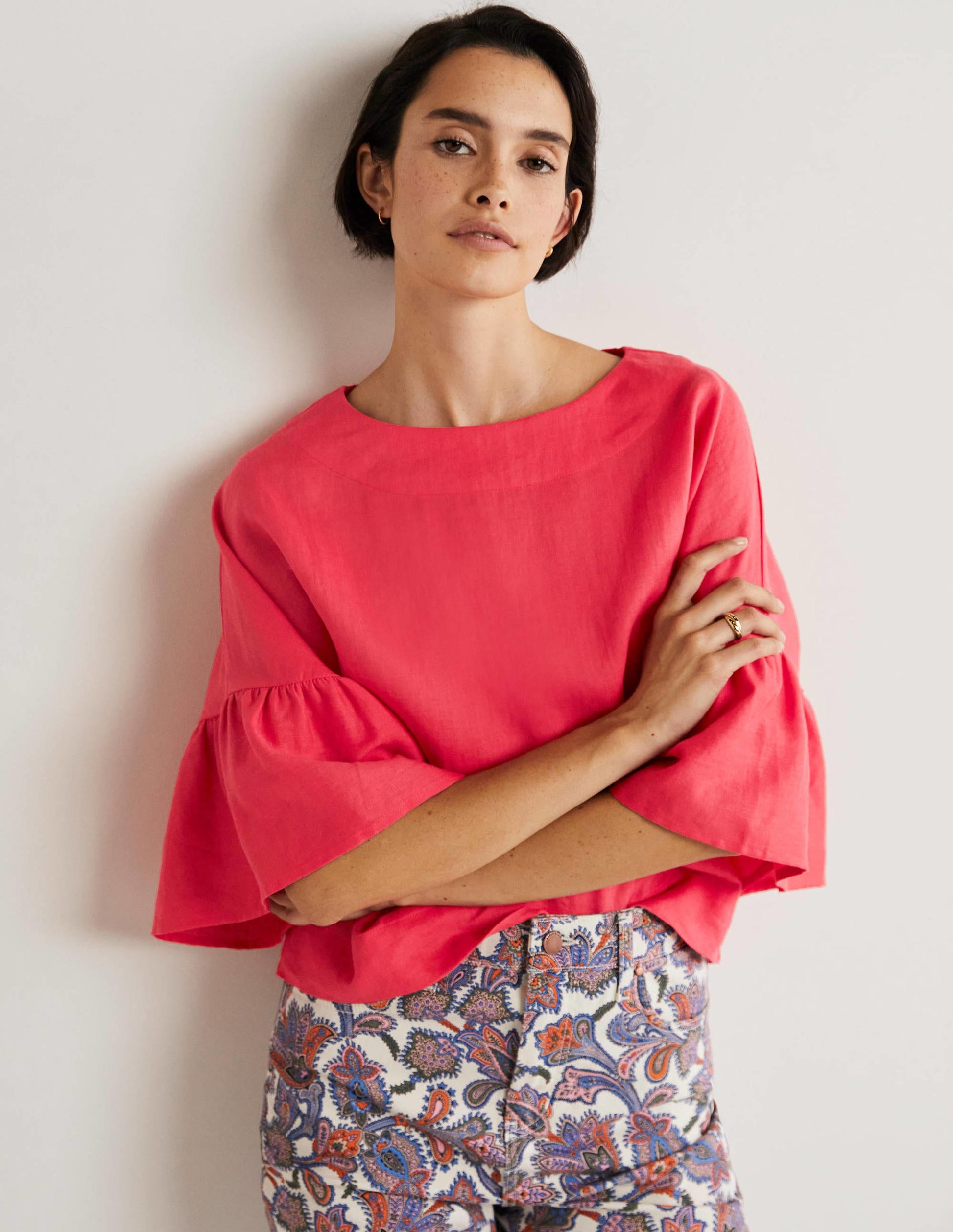 Frilly Full Sleeve Linen Top-Radish-2