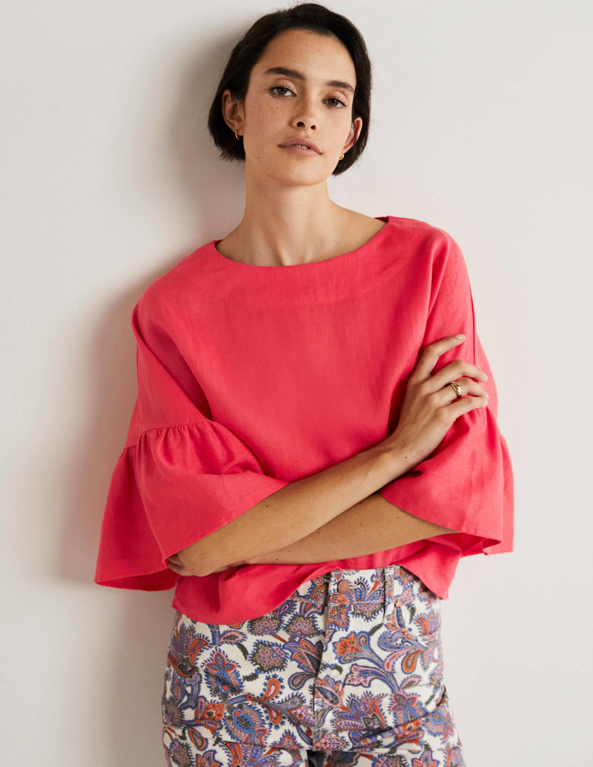 Frilly Full Sleeve Linen Top-Radish - Image 2