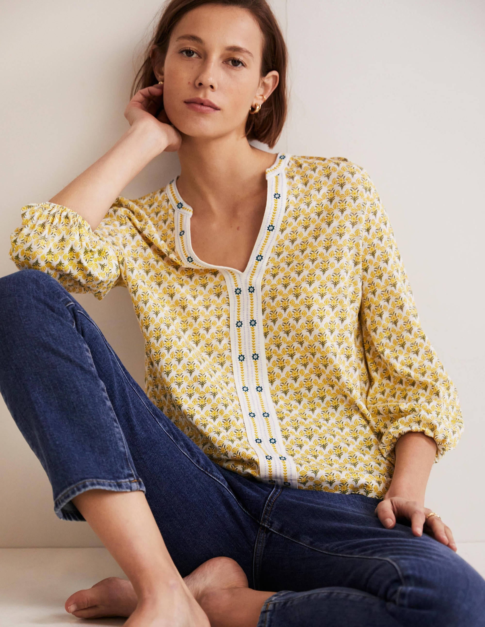 Printed Notch Neck Jersey Top-Olive Oil, Poppy Geo - Image 6