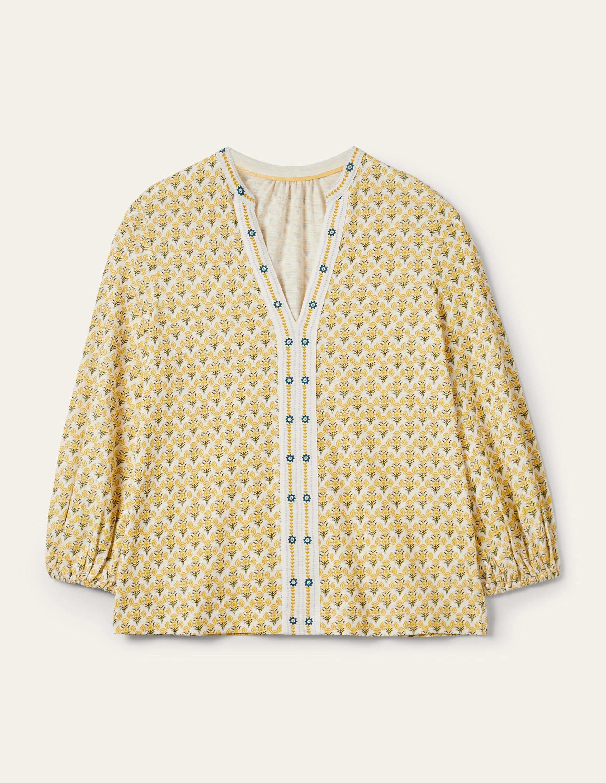 Printed Notch Neck Jersey Top-Olive Oil, Poppy Geo-8