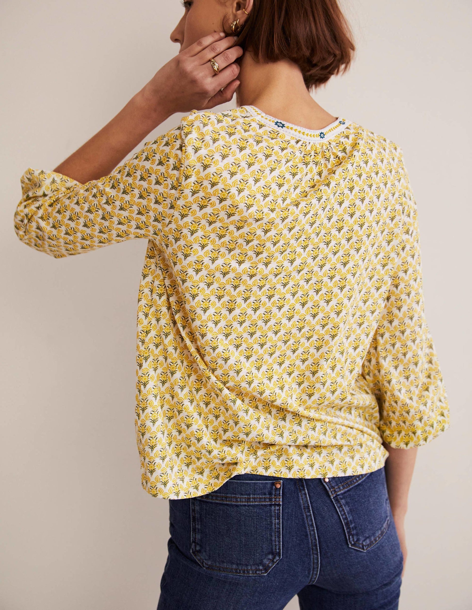 Printed Notch Neck Jersey Top-Olive Oil, Poppy Geo-3