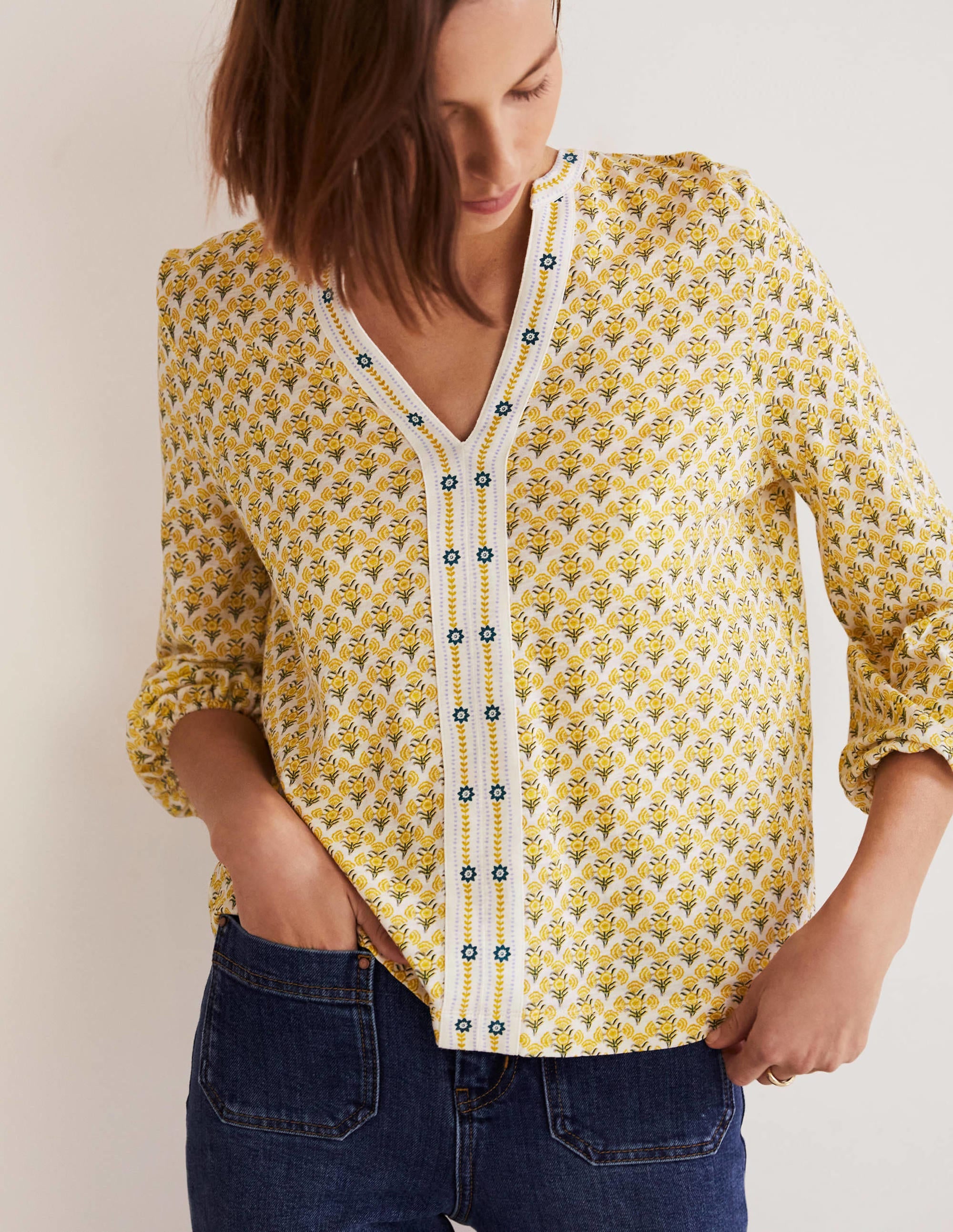 Printed Notch Neck Jersey Top-Olive Oil, Poppy Geo - Image 4