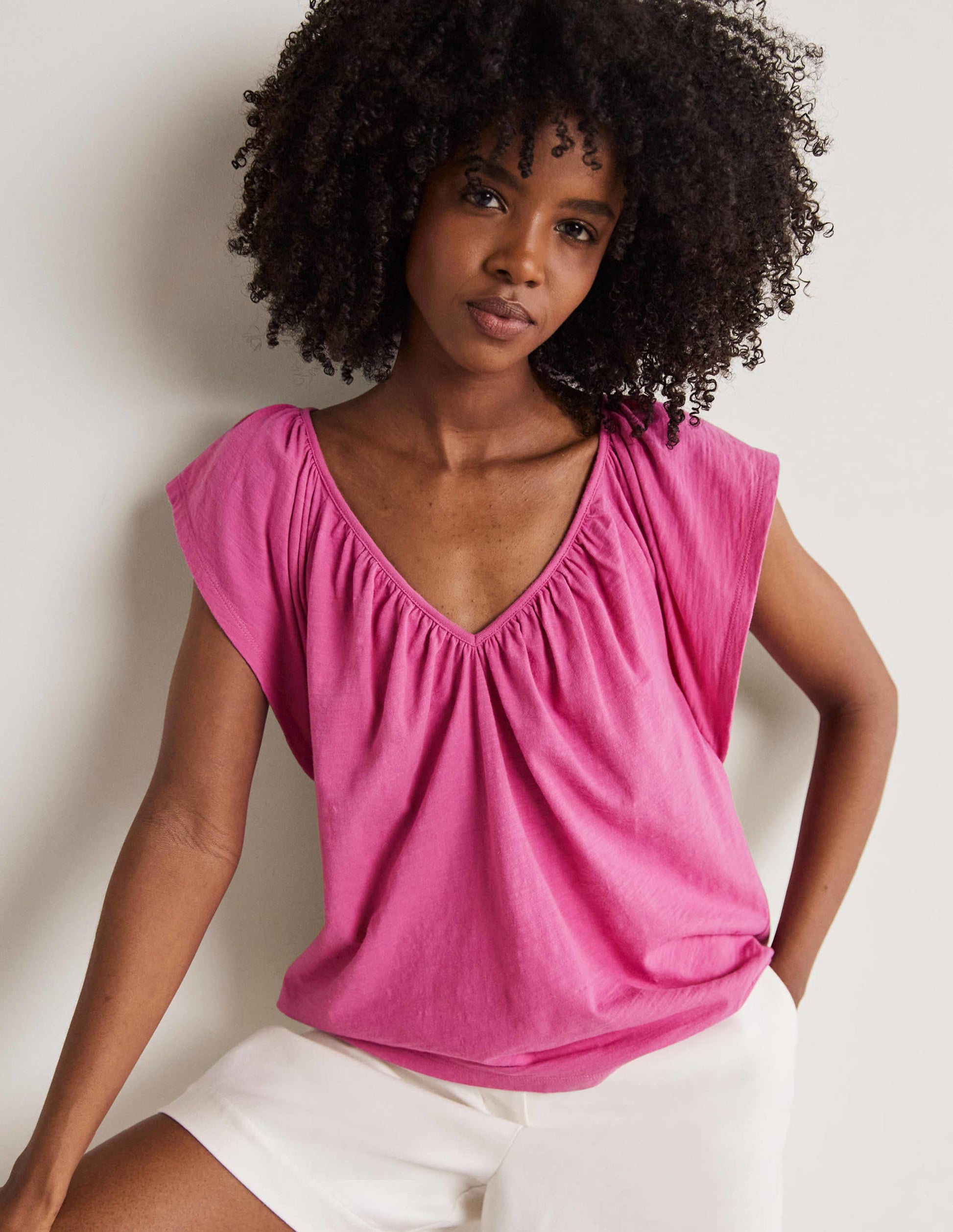 Flutter Sleeve V-neck T-shirt-Cosmos Pink-1