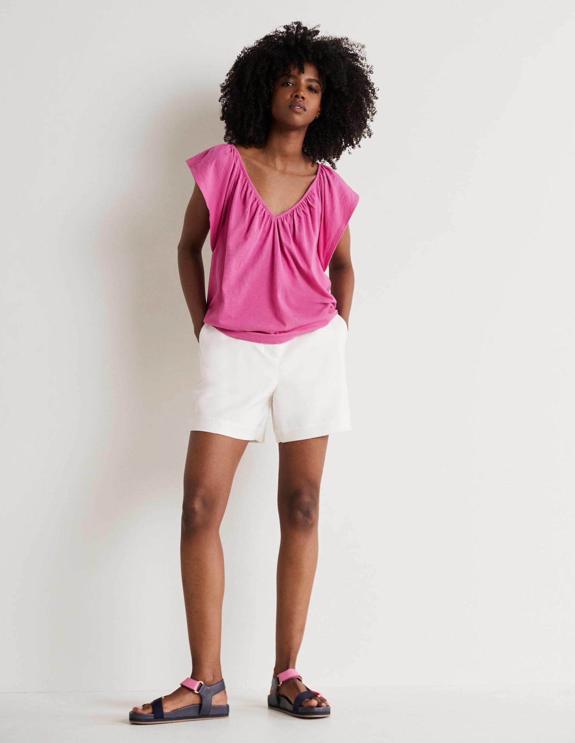 Flutter Sleeve V-neck T-shirt-Cosmos Pink-4