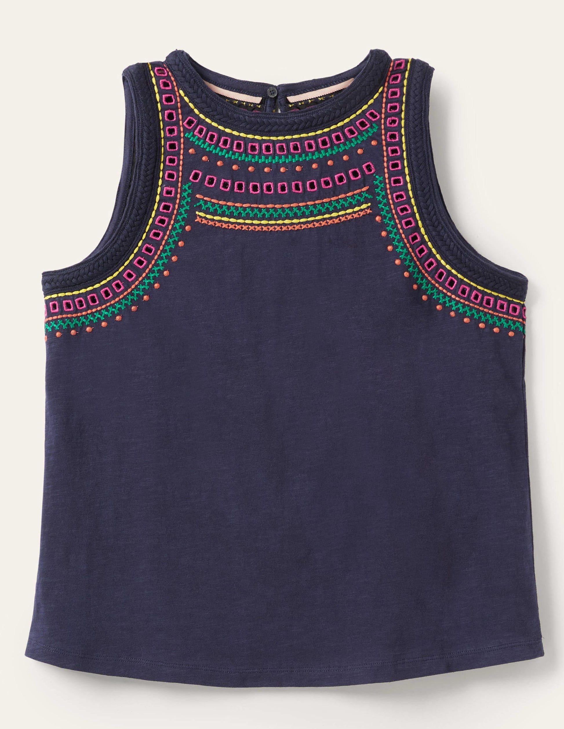 Stitch Detail Sleeveless Top-Navy, Multi Embroidery-6