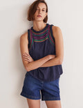 Stitch Detail Sleeveless Top-Navy, Multi Embroidery