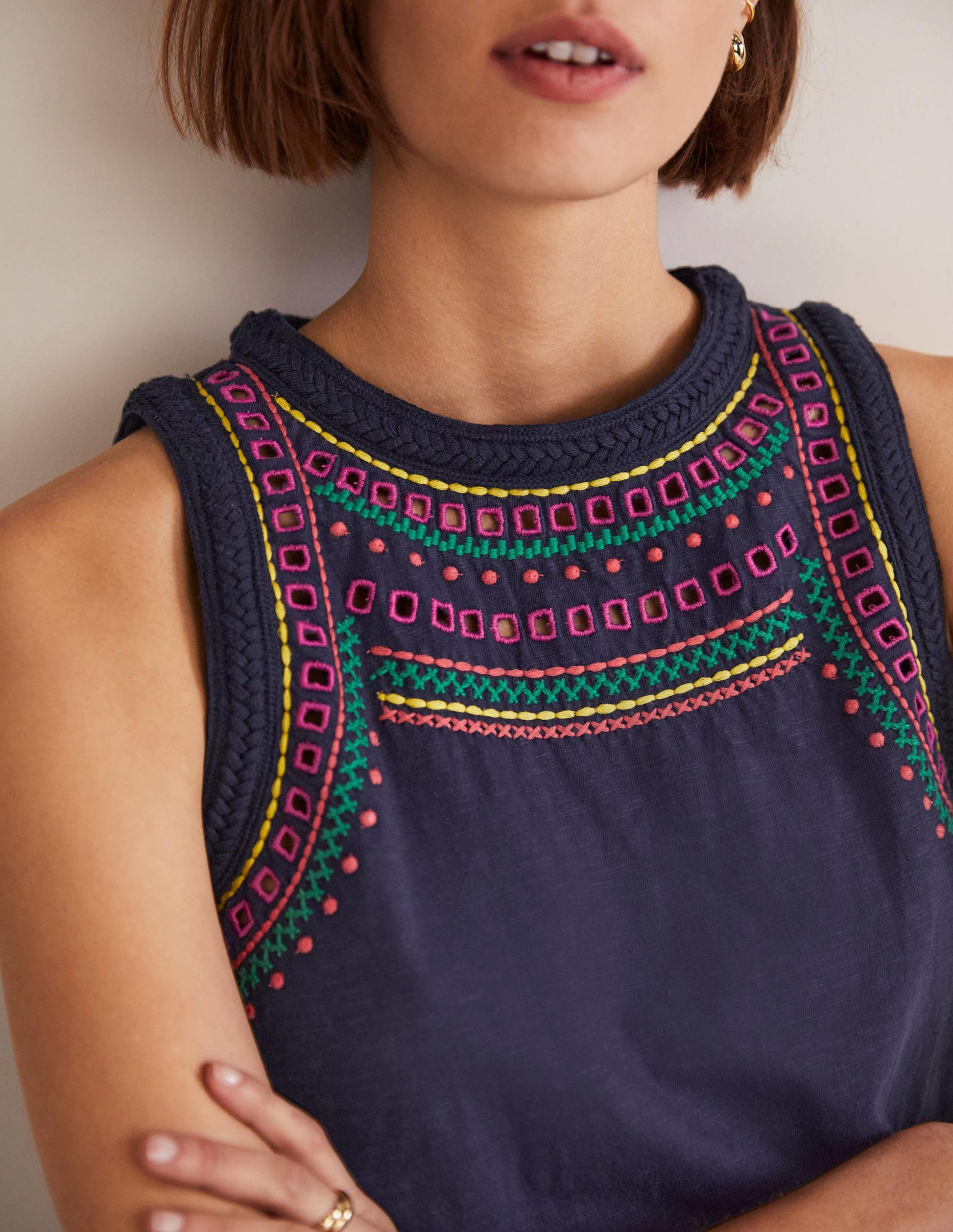 Stitch Detail Sleeveless Top-Navy, Multi Embroidery-2