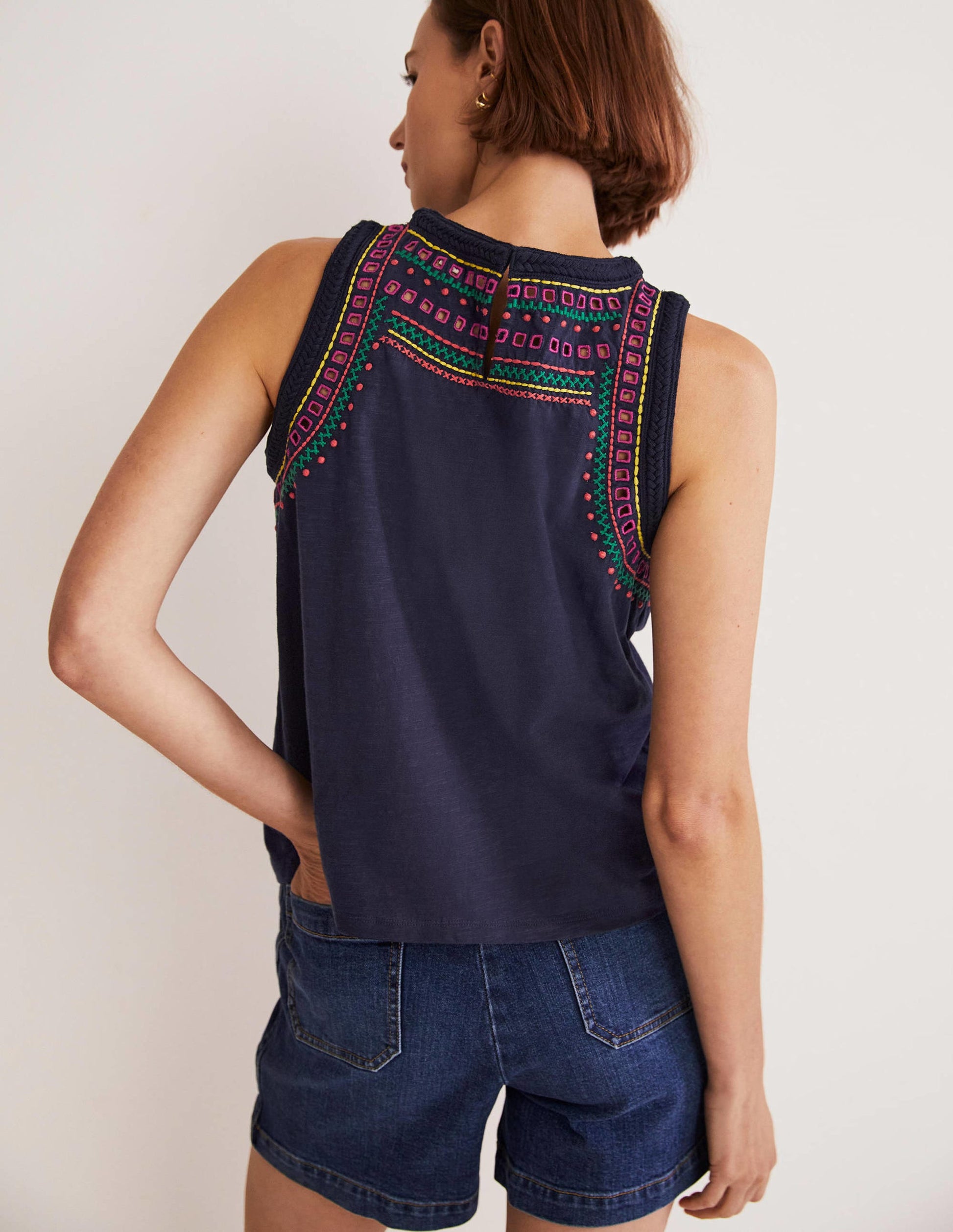 Stitch Detail Sleeveless Top-Navy, Multi Embroidery-3
