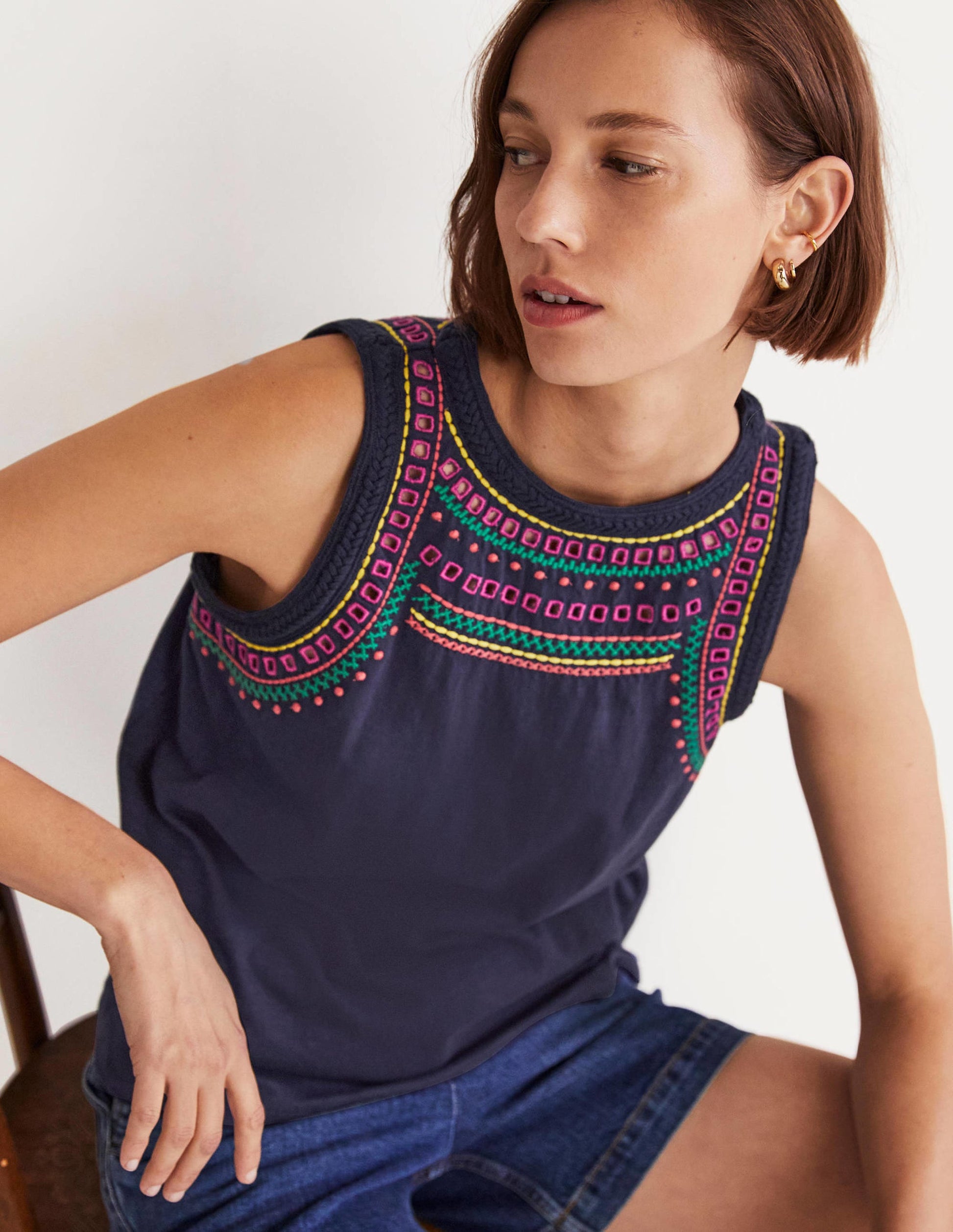 Stitch Detail Sleeveless Top-Navy, Multi Embroidery-4