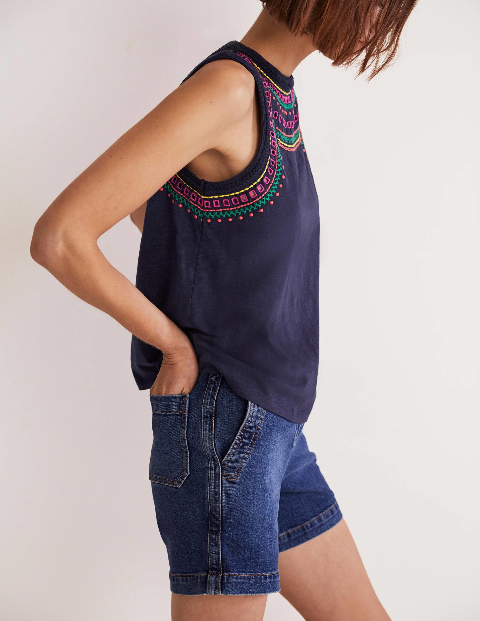Stitch Detail Sleeveless Top-Navy, Multi Embroidery-5