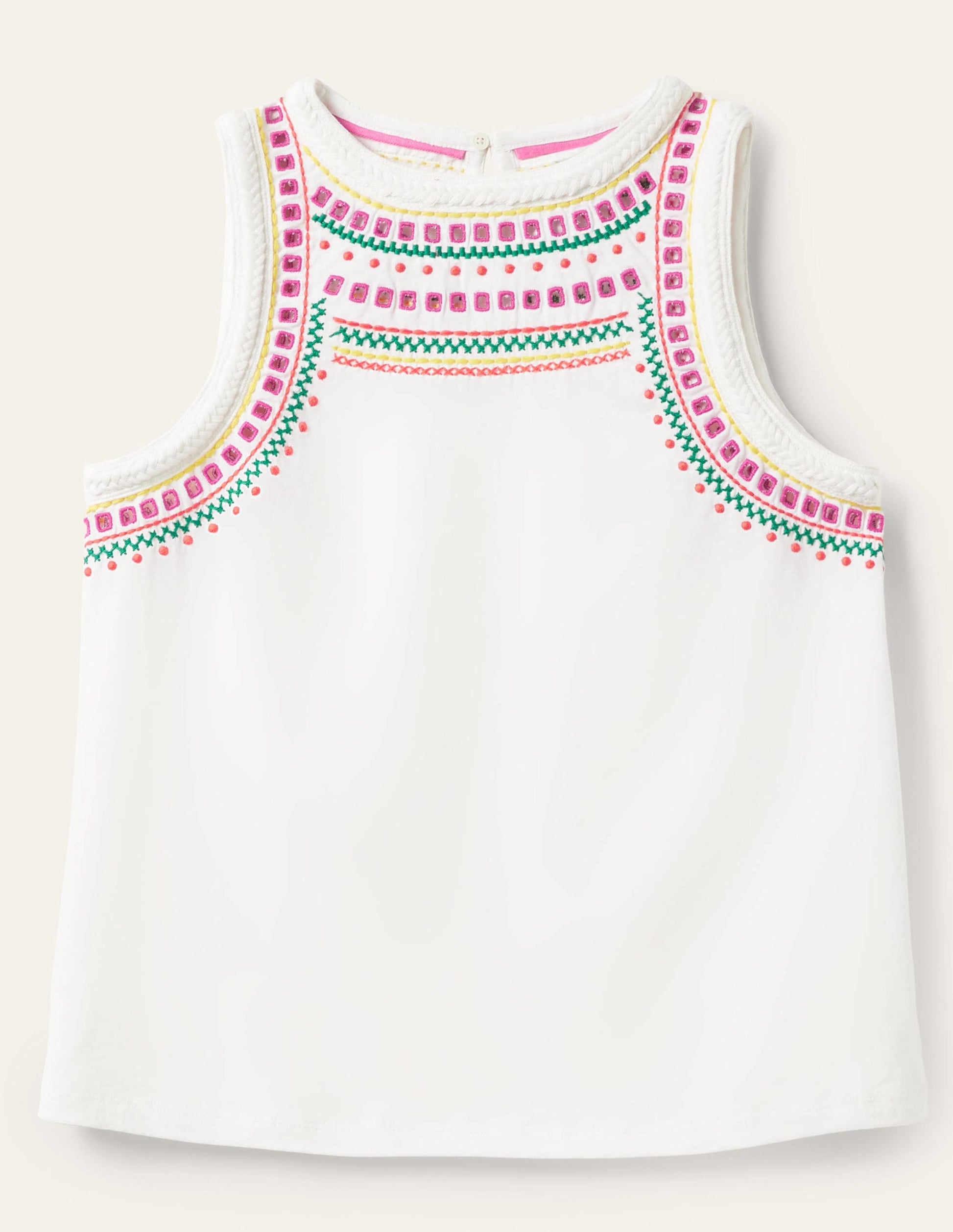Stitch Detail Sleeveless Top-White, Multi Embroidery-5