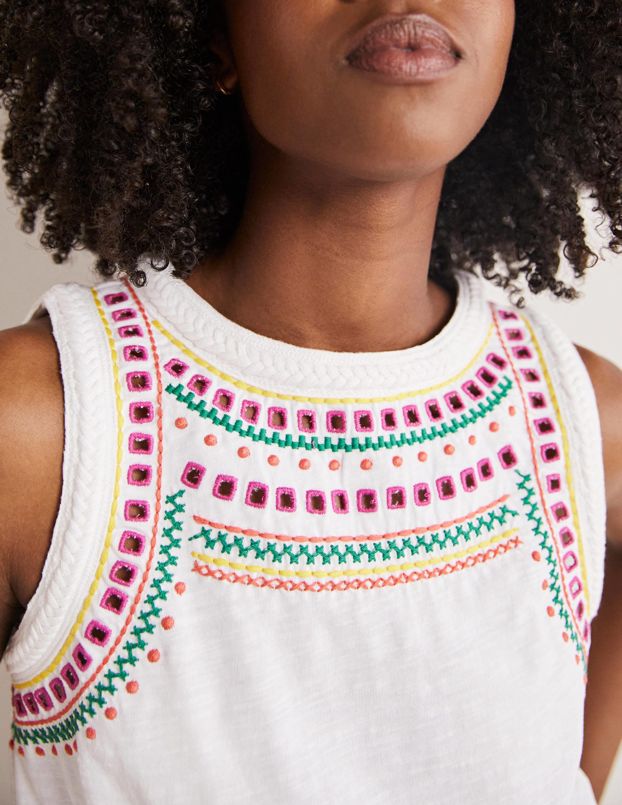 Stitch Detail Sleeveless Top-White, Multi Embroidery - Image 2