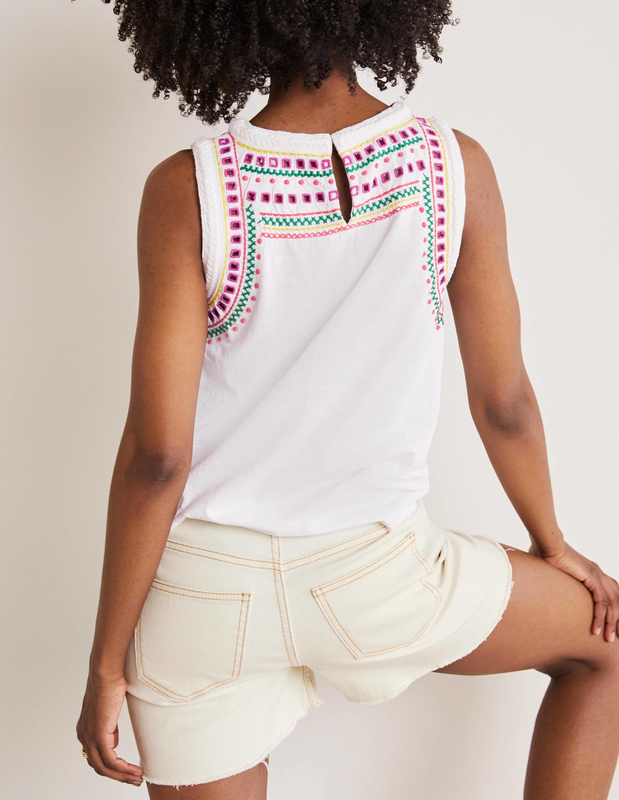 Stitch Detail Sleeveless Top-White, Multi Embroidery - Image 3