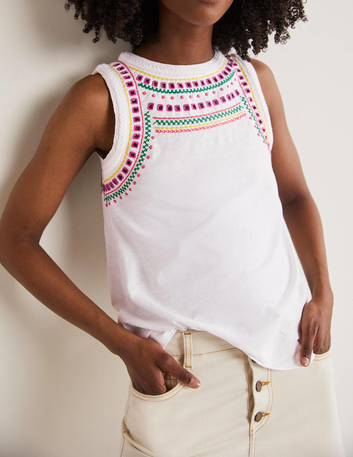Stitch Detail Sleeveless Top-White, Multi Embroidery - Image 4