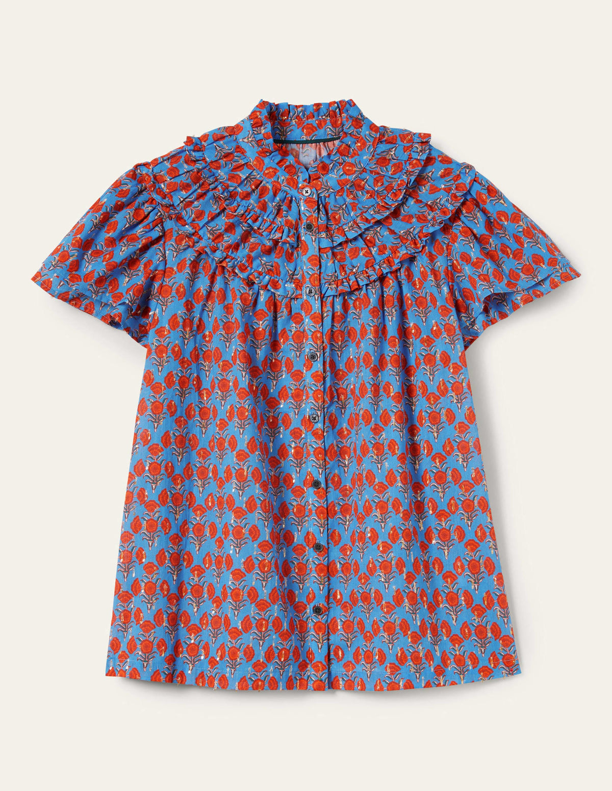Ruched Detail Metallic Blouse-Mosaic Blue, Poppy Geo-5