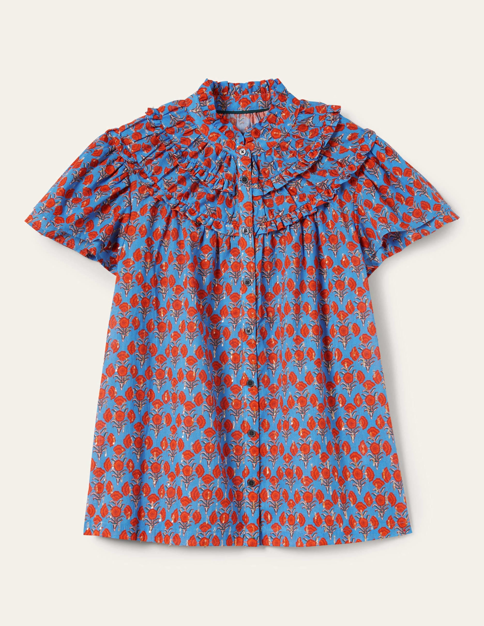 Ruched Detail Metallic Blouse-Mosaic Blue, Poppy Geo - Image 5