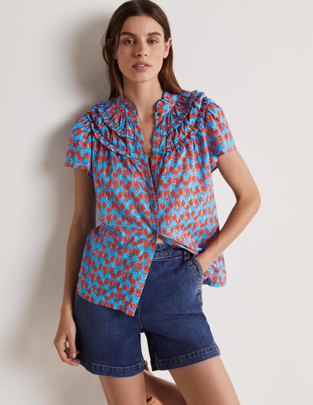 Ruched Detail Metallic Blouse-Mosaic Blue, Poppy Geo - Image 1