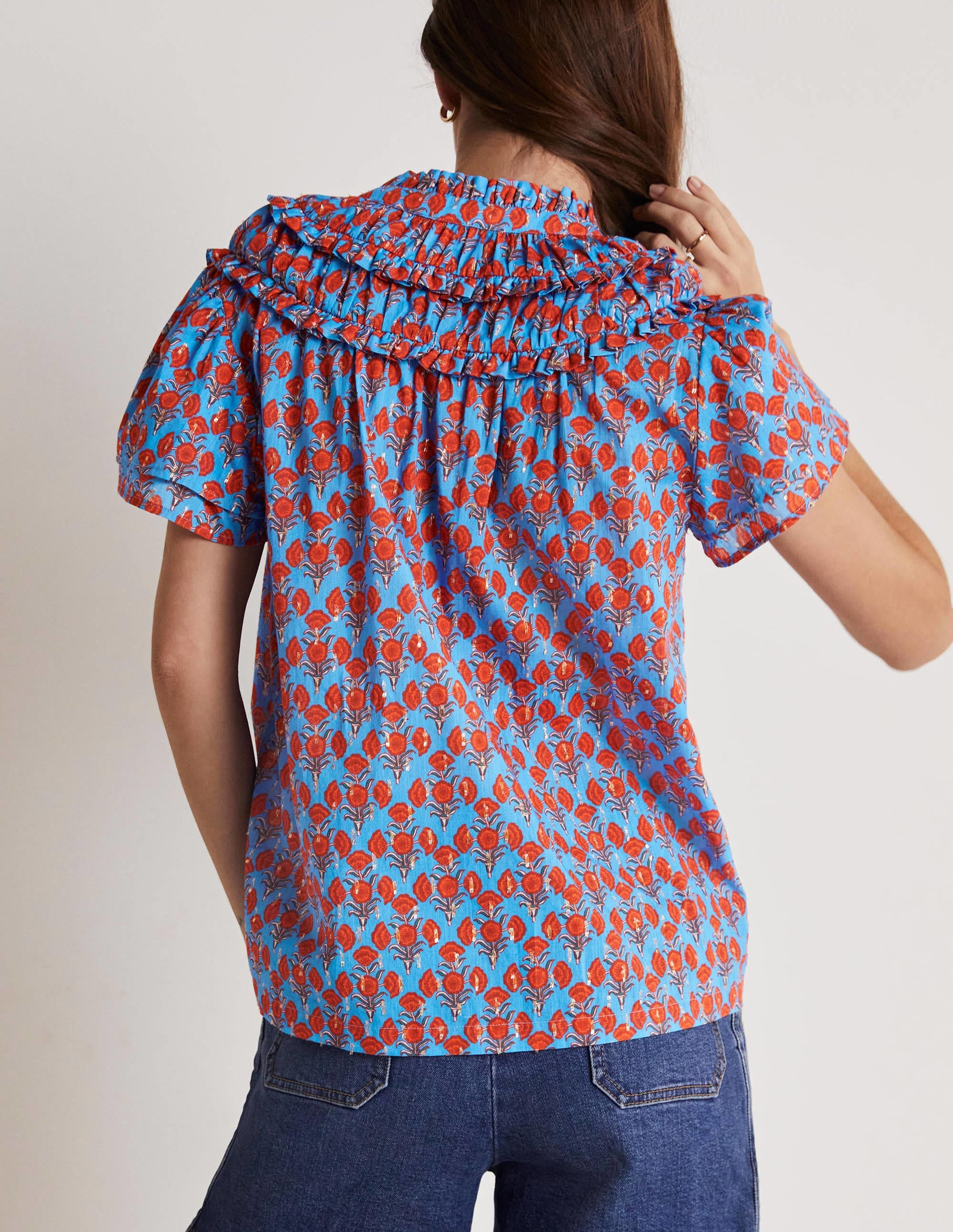 Ruched Detail Metallic Blouse-Mosaic Blue, Poppy Geo - Image 3