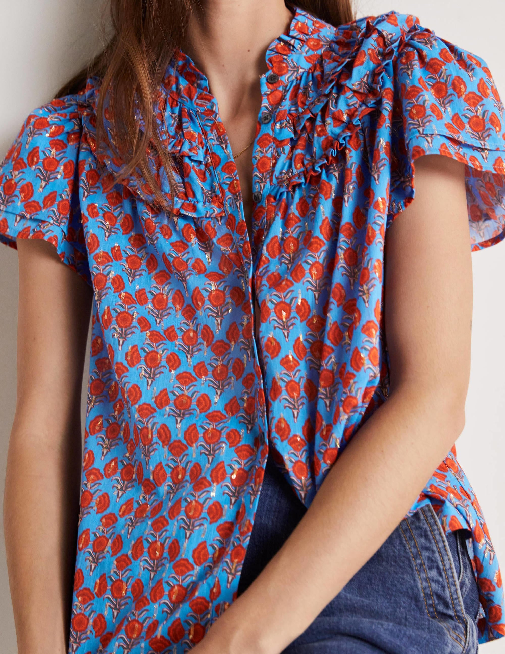 Ruched Detail Metallic Blouse-Mosaic Blue, Poppy Geo - Image 4