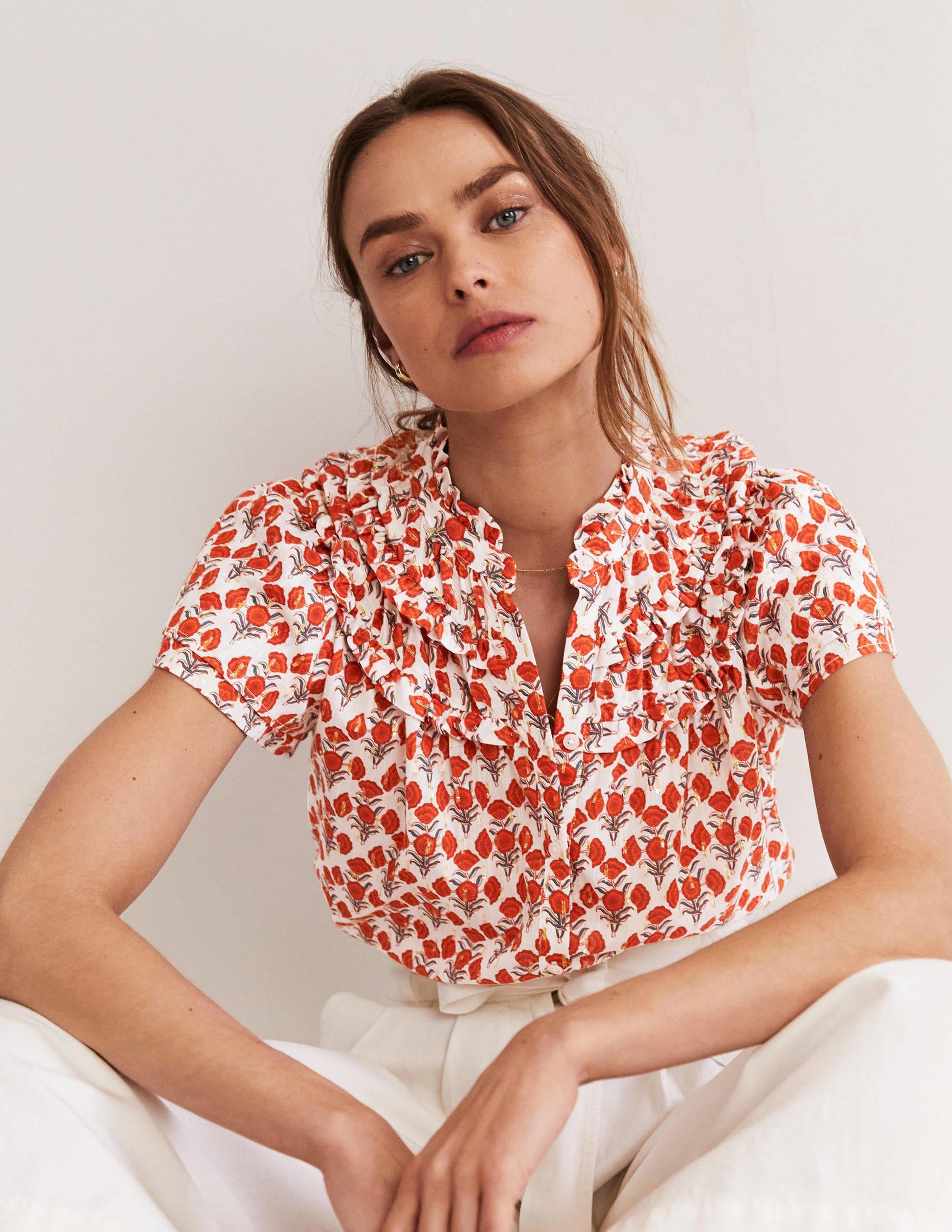 Ruched Detail Metallic Blouse-Chili Oil, Poppy Geo-3