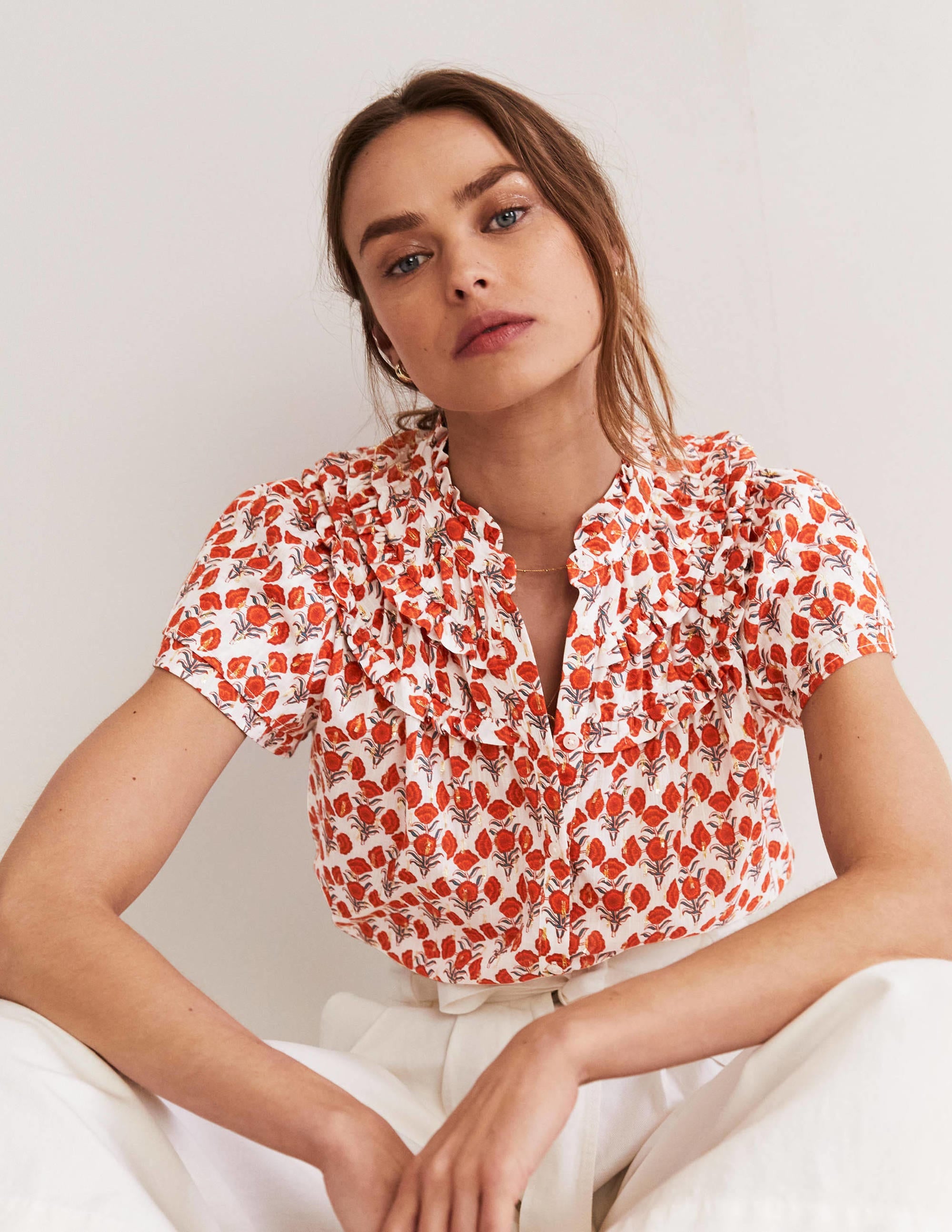 Ruched Detail Metallic Blouse-Chili Oil, Poppy Geo - Image 3