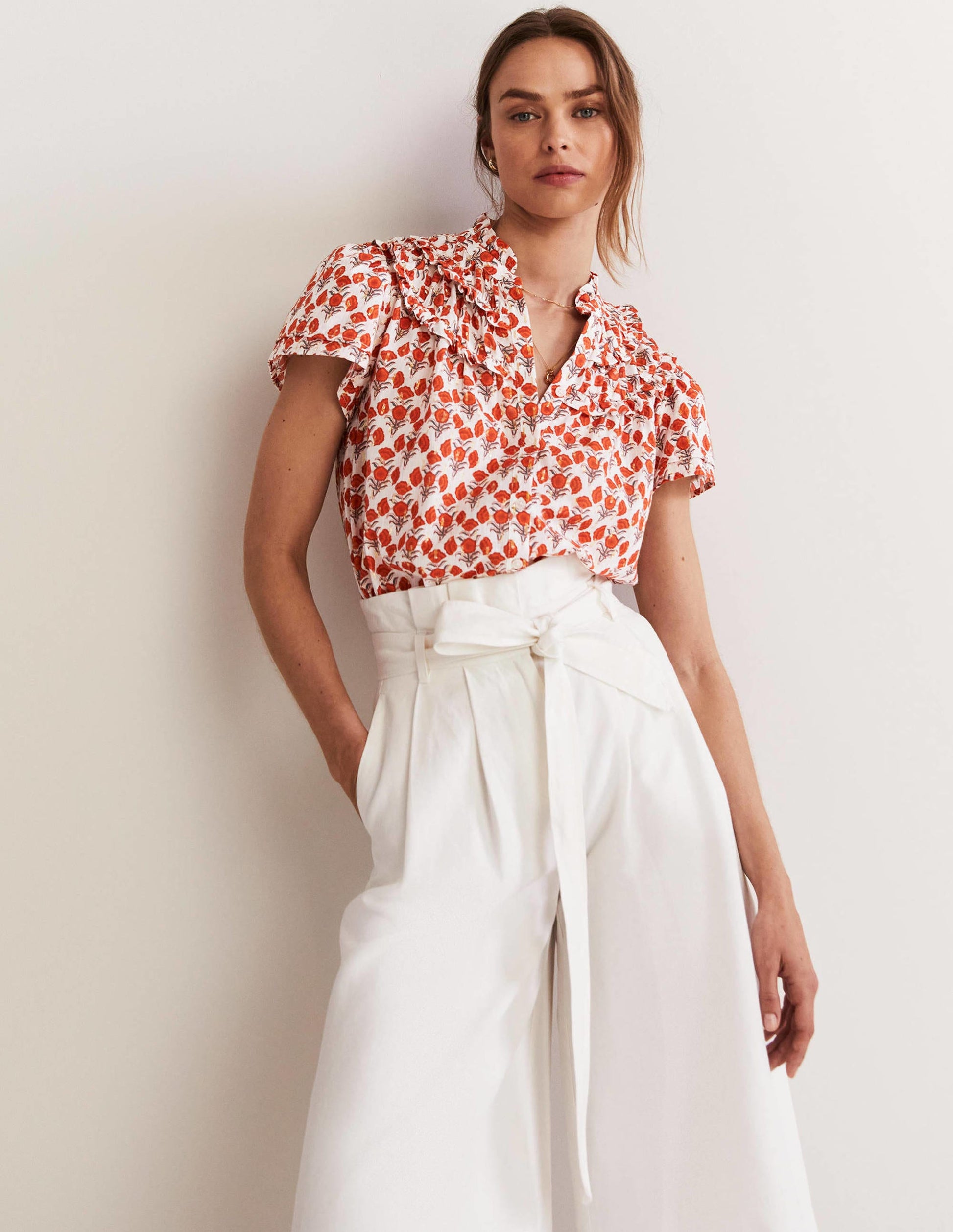 Ruched Detail Metallic Blouse-Chili Oil, Poppy Geo-4