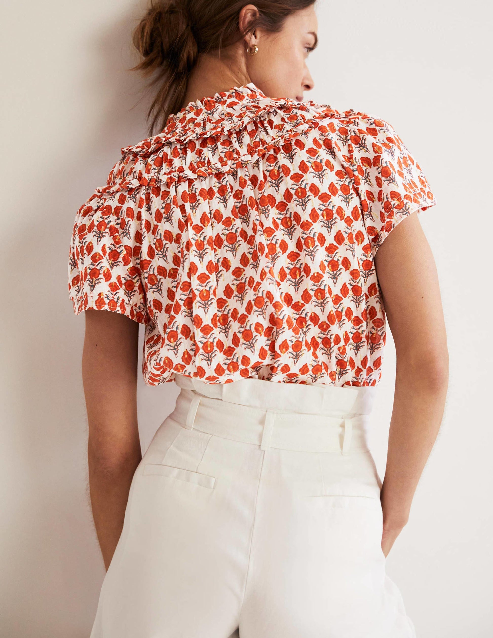 Ruched Detail Metallic Blouse-Chili Oil, Poppy Geo-5