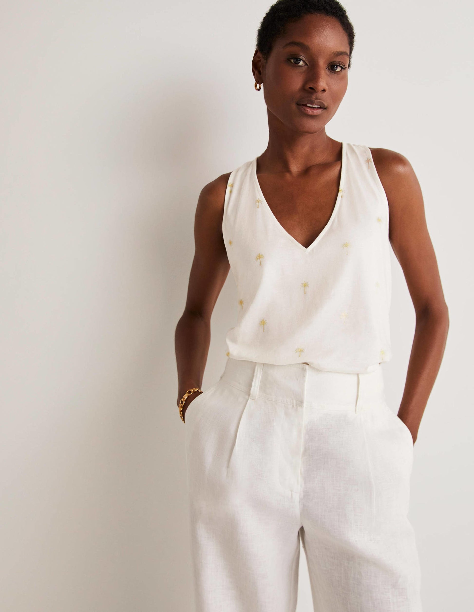 V-Neck Twist Back Jersey Top-Ivory and Gold, Paradise Palm-1