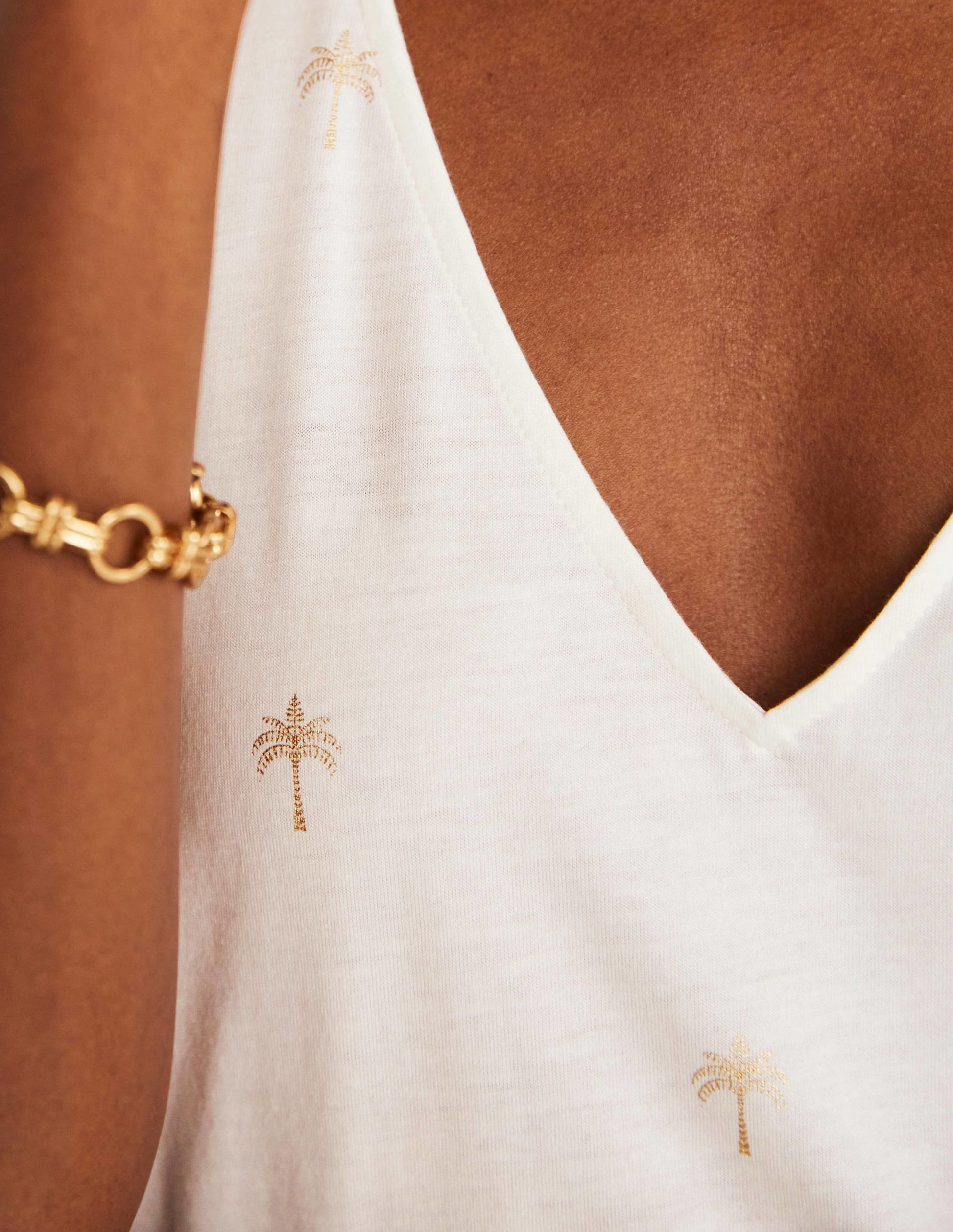 V-Neck Twist Back Jersey Top-Ivory and Gold, Paradise Palm-2