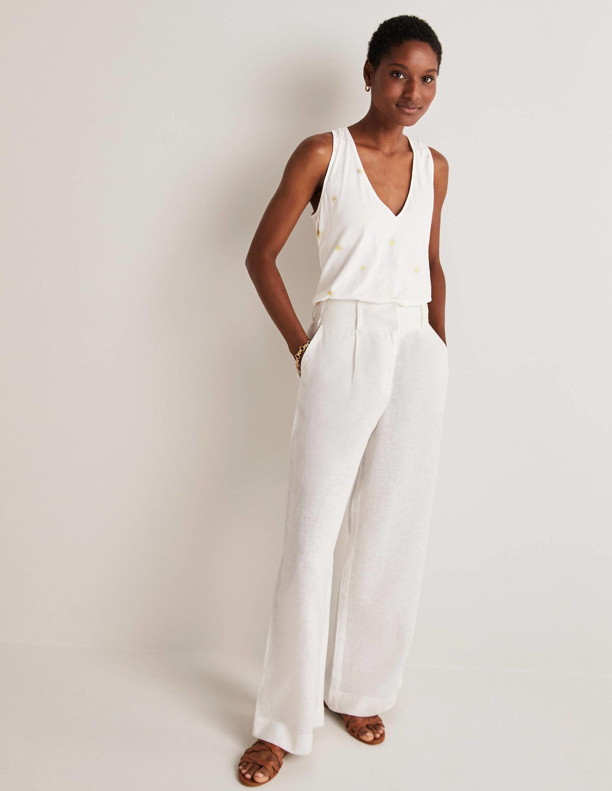 V-Neck Twist Back Jersey Top-Ivory and Gold, Paradise Palm-4