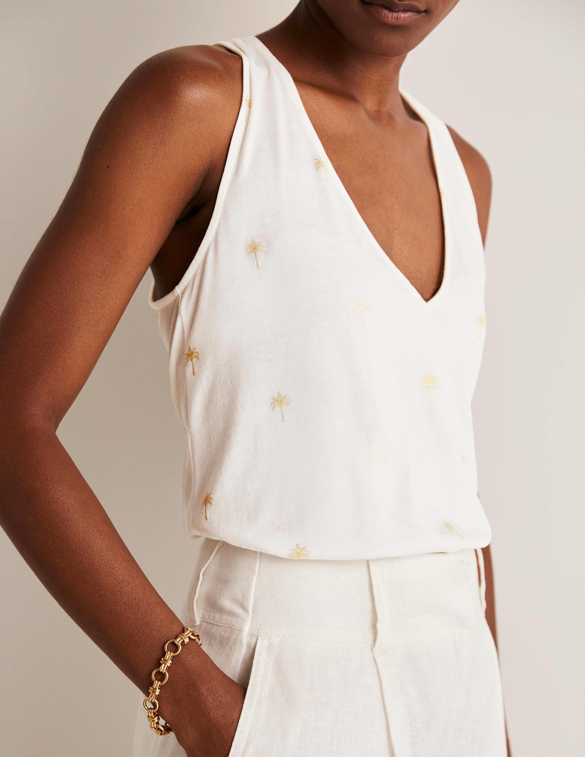 V-Neck Twist Back Jersey Top-Ivory and Gold, Paradise Palm-5
